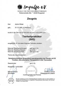 „Zertifikat Tierheilpraktiker-Ausbildung Achim Röder bei Impulse e.V.“