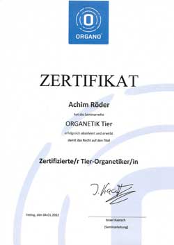 Zertifikat ORGANETIK Tier – Achim Röder zertifizierter Tier-Organetiker